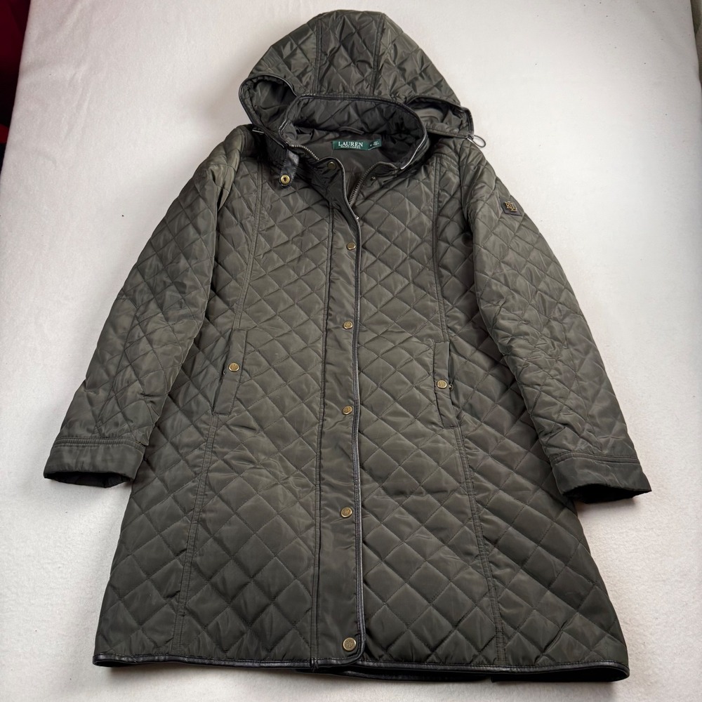 Lauren Ralph Lauren Olive Green Quilted Hooded Parka Jacket Faux Leather Trim M